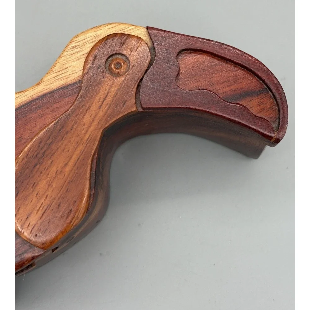 Vintage Toucan Wooden Puzzle Box Hand Carved Lined Trinket Box 9